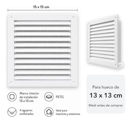 Pack X2 Rejillas Ventilación 15x15 Mosquitero Hueco 13x13 Blanco