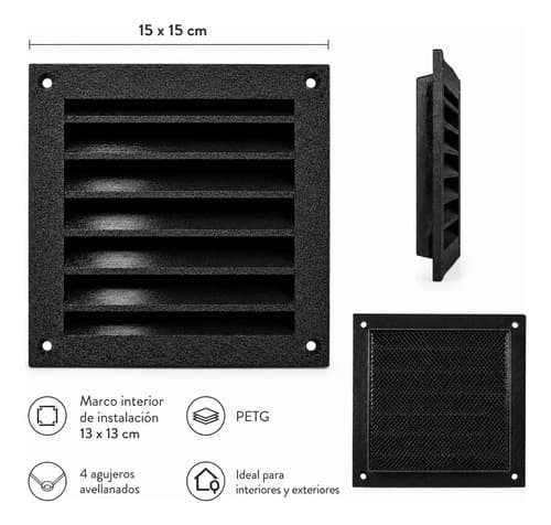 Pack X2 Rejilla Ventilación 15x15 Mosquitero Hueco 13x13 Negro